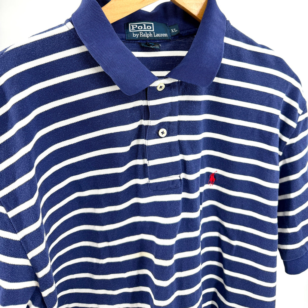 Vintage 90s Polo Ralph Lauren Navy Blue White Striped 100% Cotton Polo Shirt