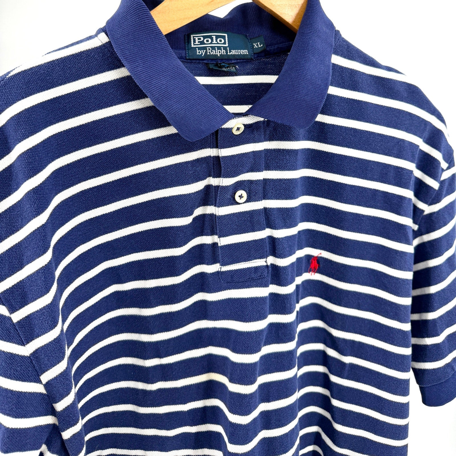 Vintage 90s Polo Ralph Lauren Navy Blue White Striped 100% Cotton Polo Shirt