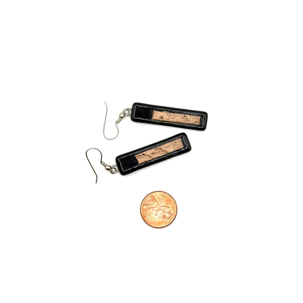 Vintage 90s Black Beige Fused Glass Clay Textured Inlay Rectangle Drop Earrings