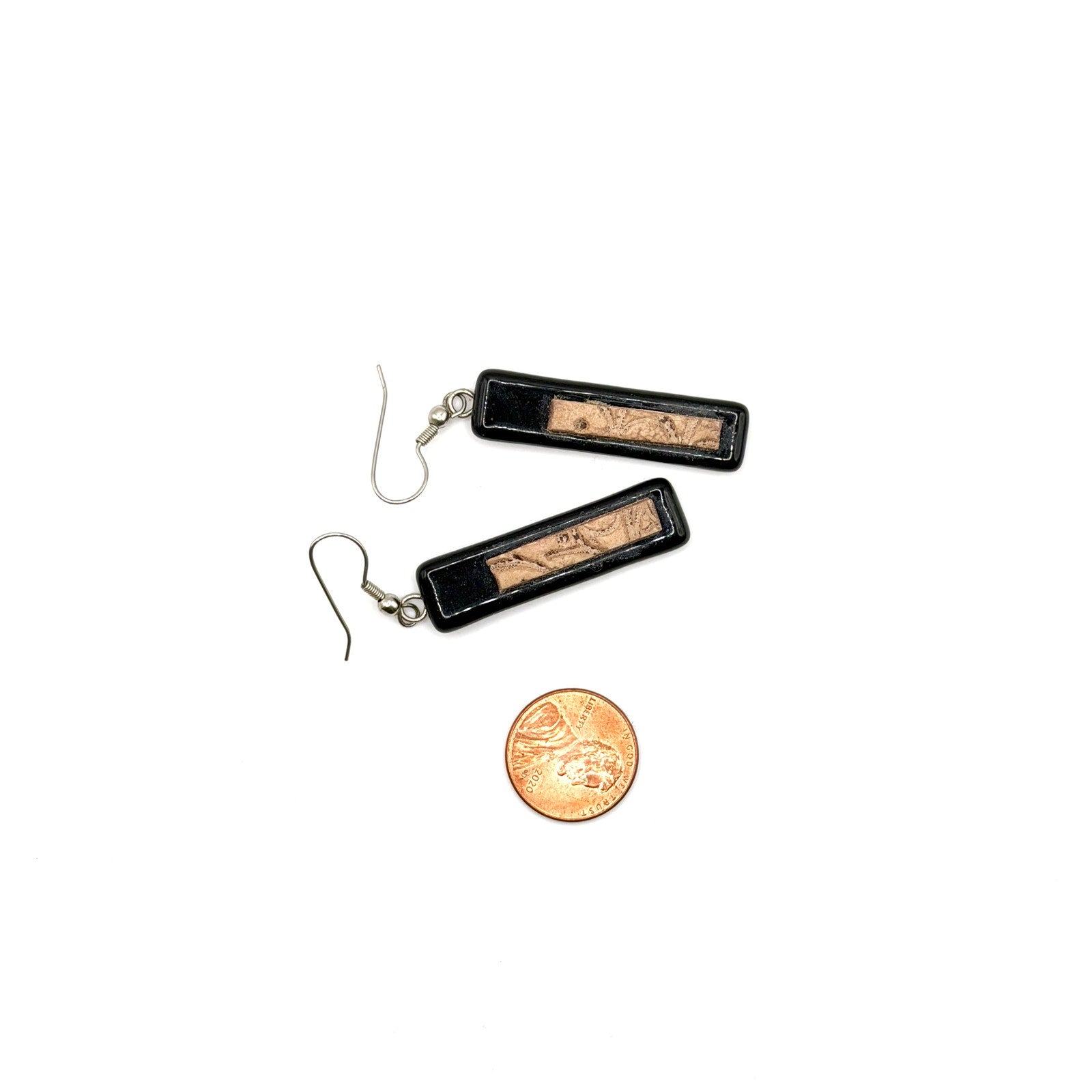 Vintage 90s Black Beige Fused Glass Clay Textured Inlay Rectangle Drop Earrings