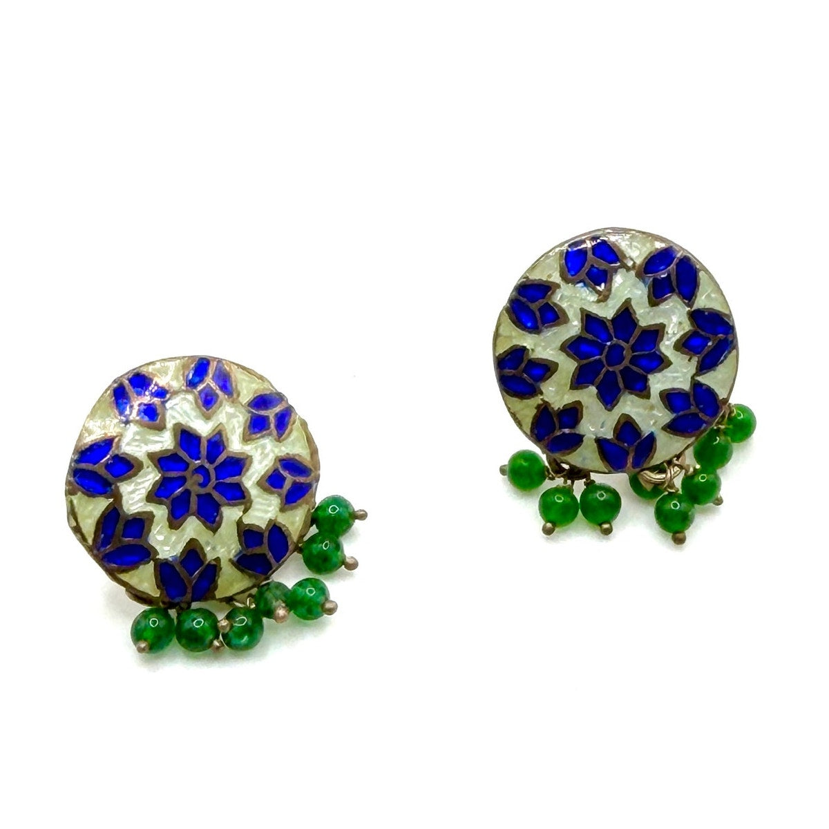 Vintage 90s Blue Green Enamel Stamped Sterling Silver India Stud Drop Earrings