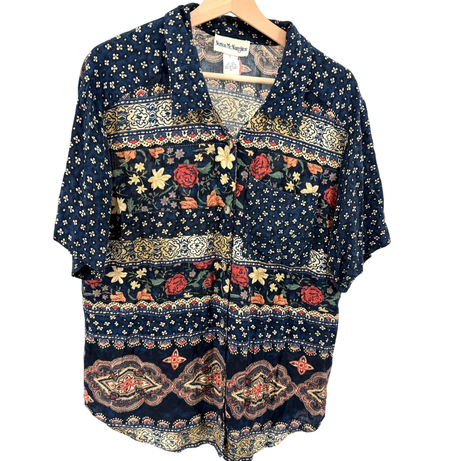 Vintage 90s Norton McNaughton Navy Blue Floral Paisley Short Sleeve Shirt