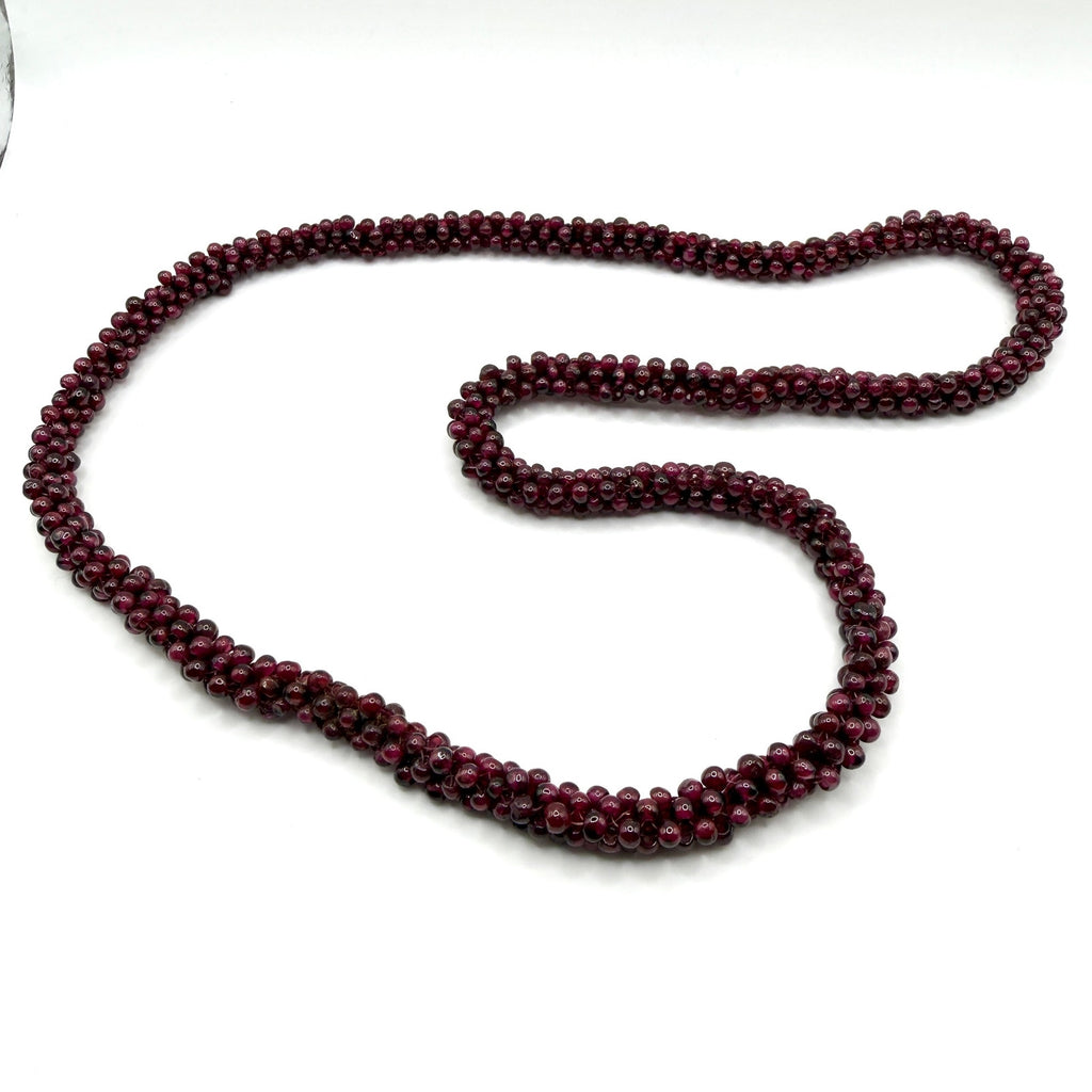 Vintage 90s Deep Red Garnet Woven Seed Bead Continuous Strand Necklace