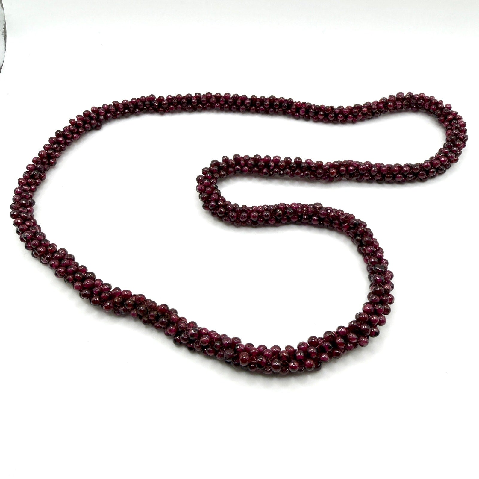 Vintage 90s Deep Red Garnet Woven Seed Bead Continuous Strand Necklace