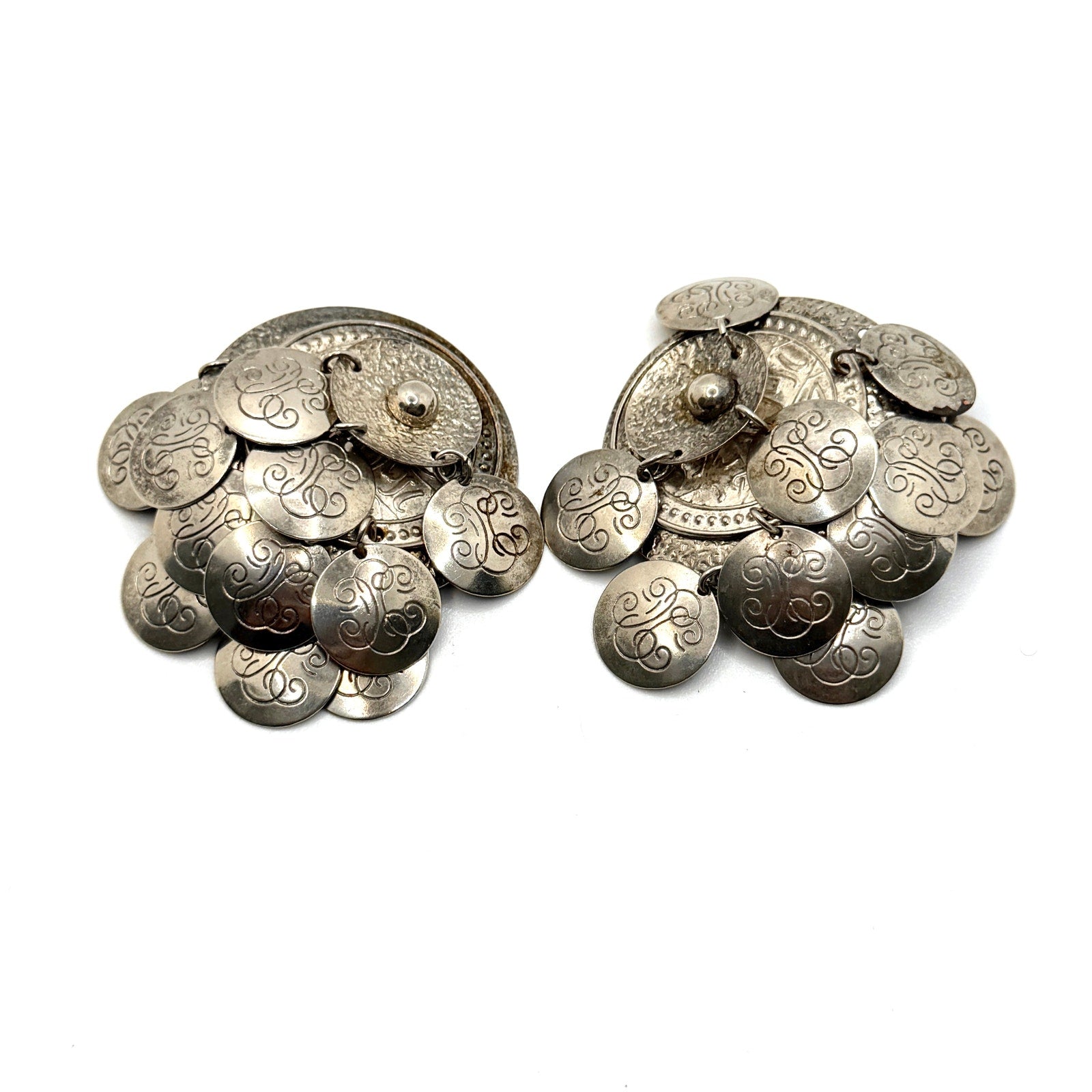 Vintage 90s Silver Tone Textured Multi Coin Dangle Cluster Clip On Earrings