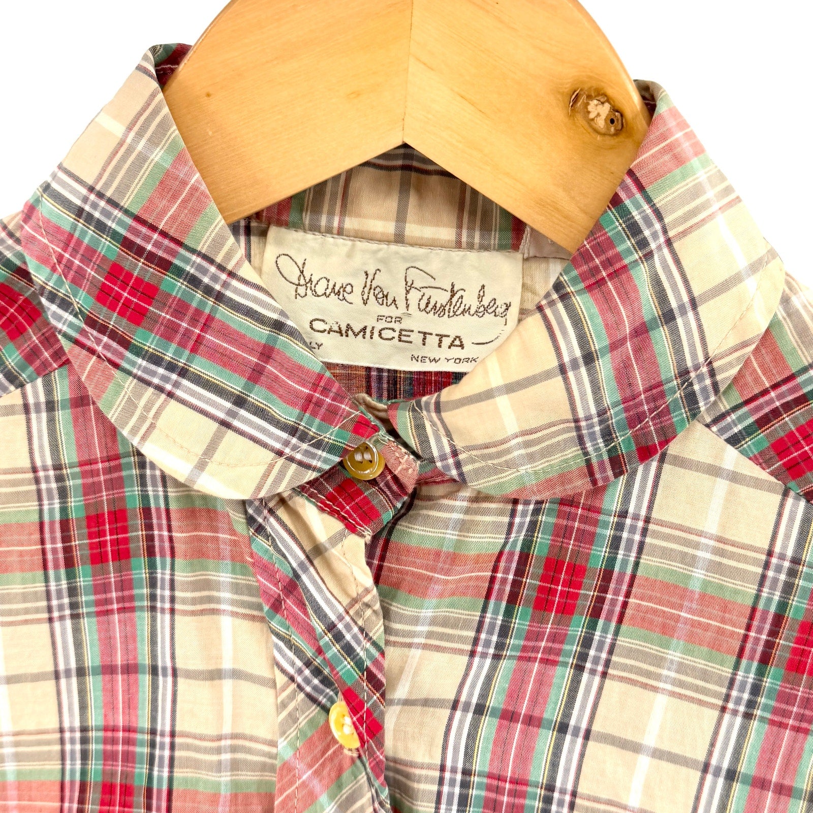 Vintage 70s DVF x Camicetta Tartan Plaid 100% Cotton Button Down Shirt