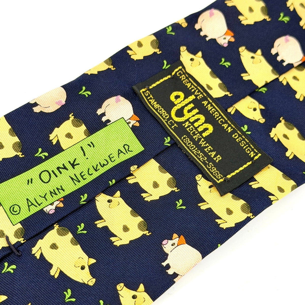 Vintage 90s Alynn Neckwear Navy Silk Oink Pig Novelty Necktie