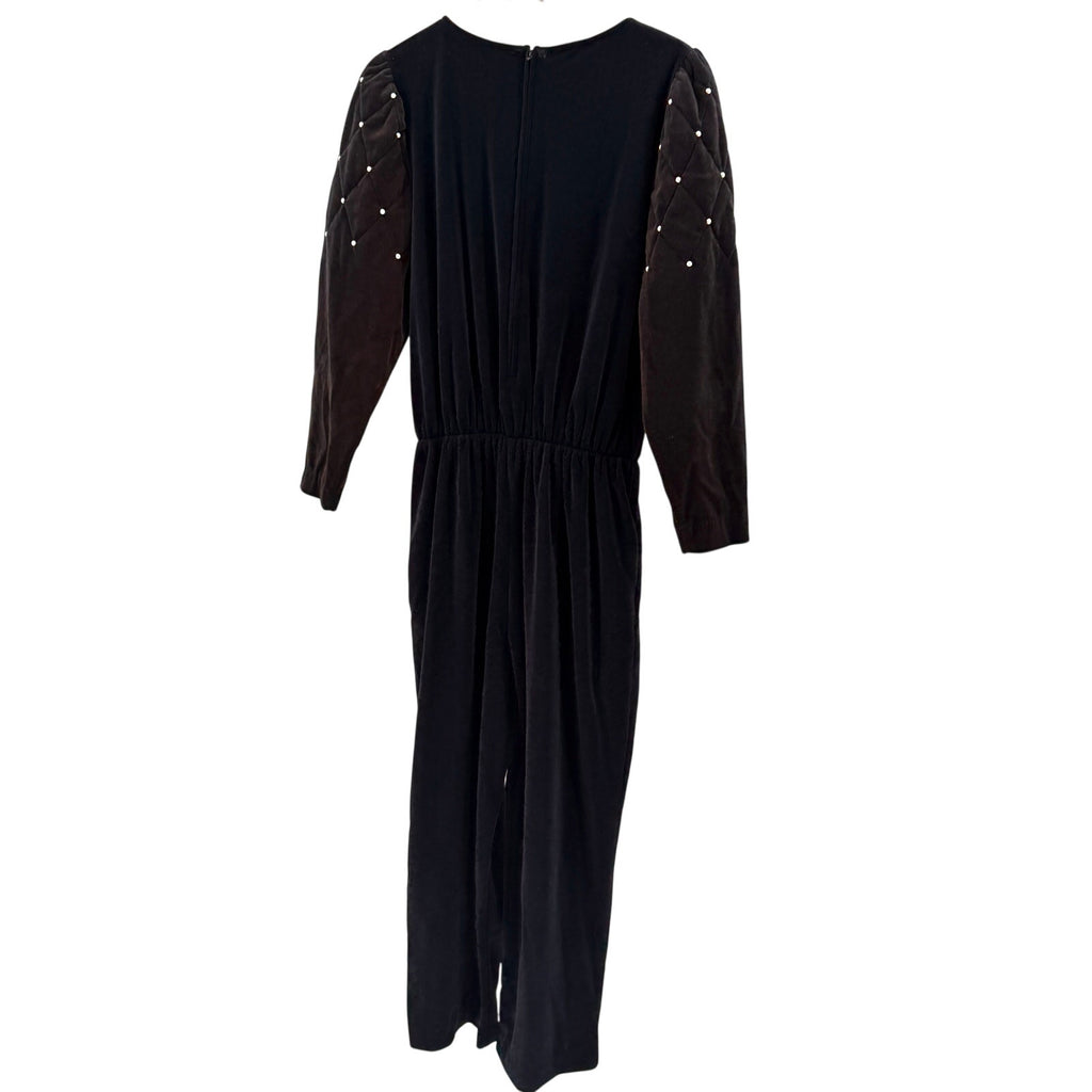 Vintage 80s Leigh Karmitz Periphery Black Velour Faux Pearl Jumpsuit