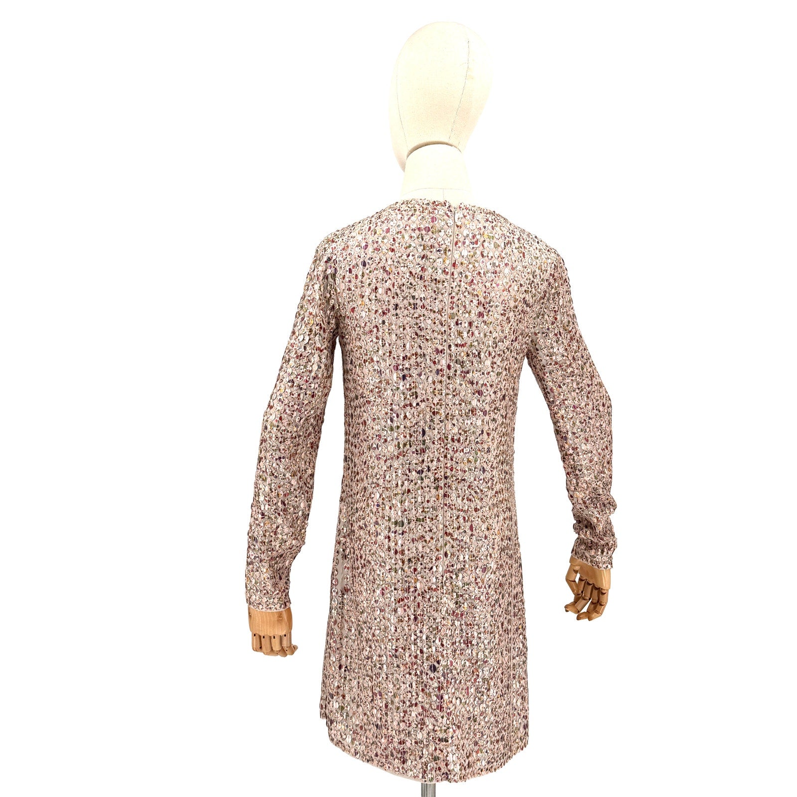 ML Monique Lhuillier Nude Rose Gold Glam Statement Sequin Paillette Mini Dress