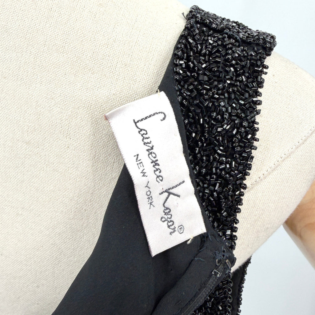 Vintage 90s Laurence Kazar Black 100% Silk Fully Beaded Cocktail Mini Dress