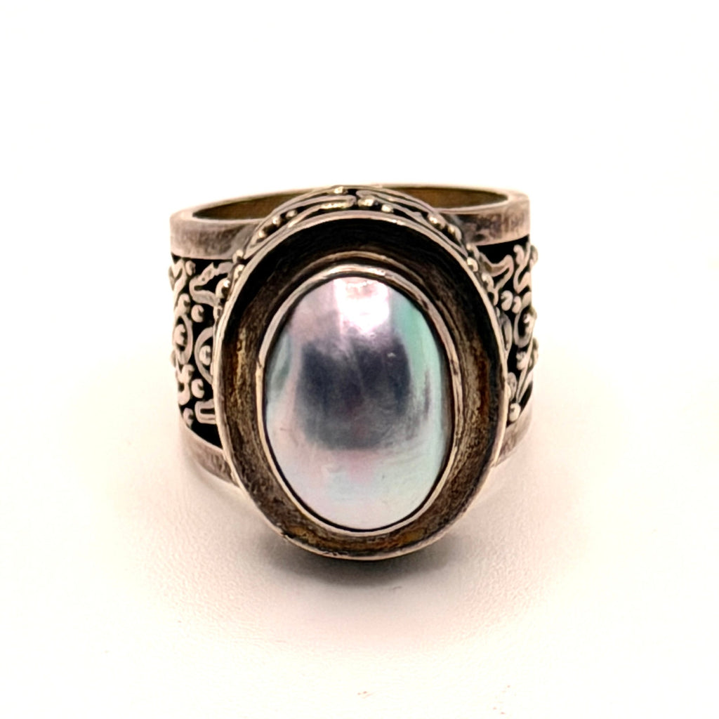 Vintage 90s Sterling Silver Stamped Mother of Pearl Ornate Statement Ring