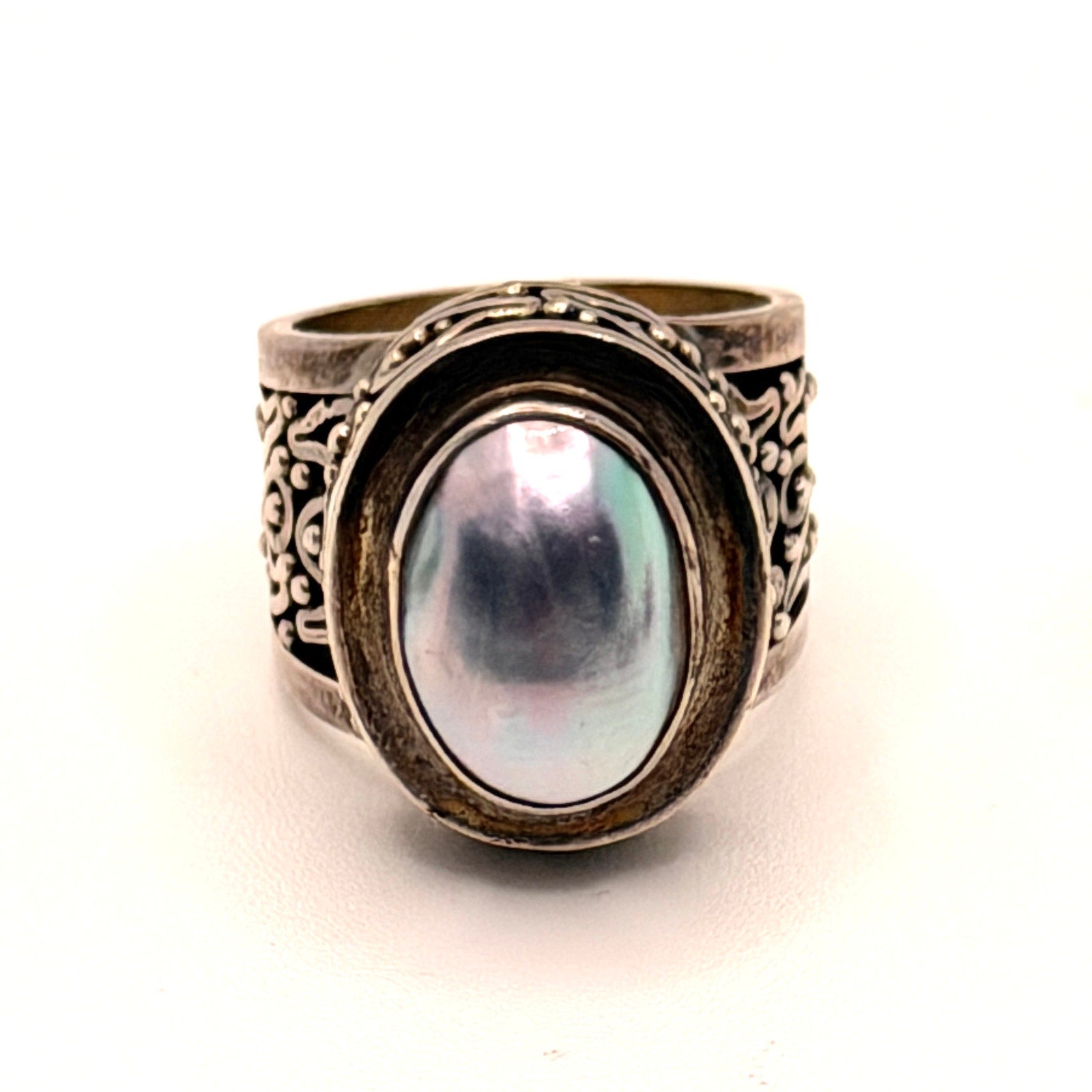Vintage 90s Sterling Silver Stamped Mother of Pearl Ornate Statement Ring