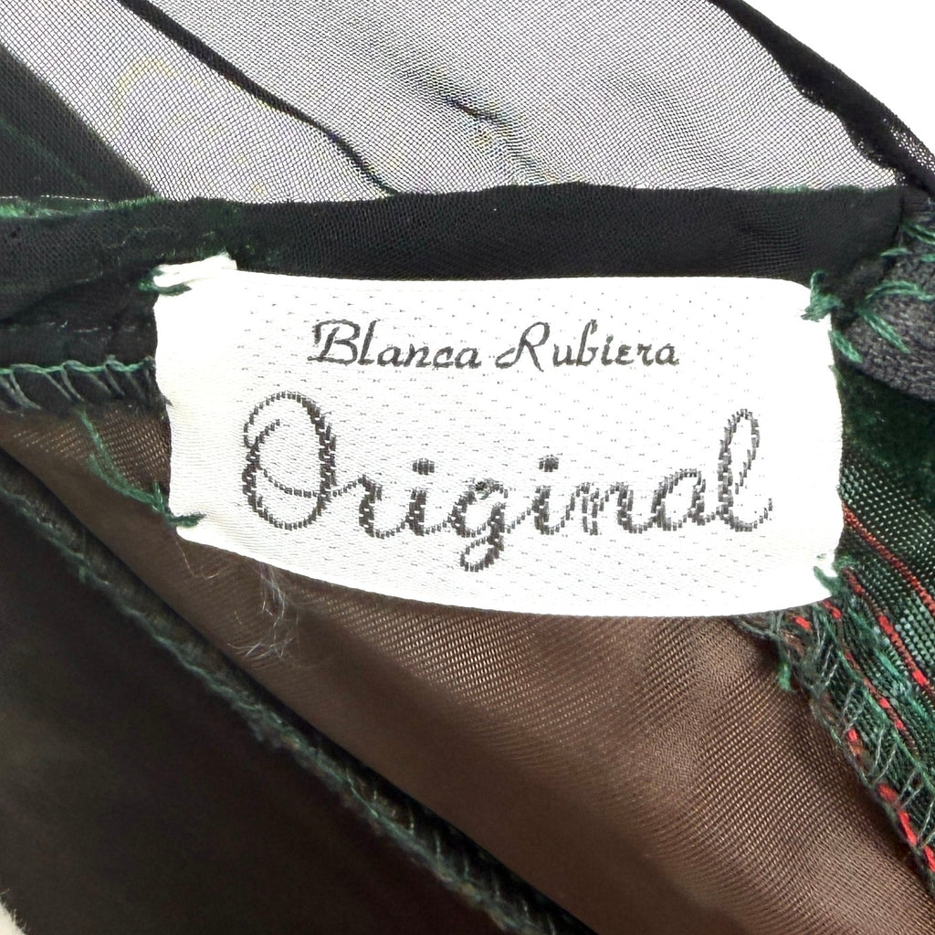 Vintage 80s Blanca Rubiera Original Green Velvet Sheer Mesh Formal Dress
