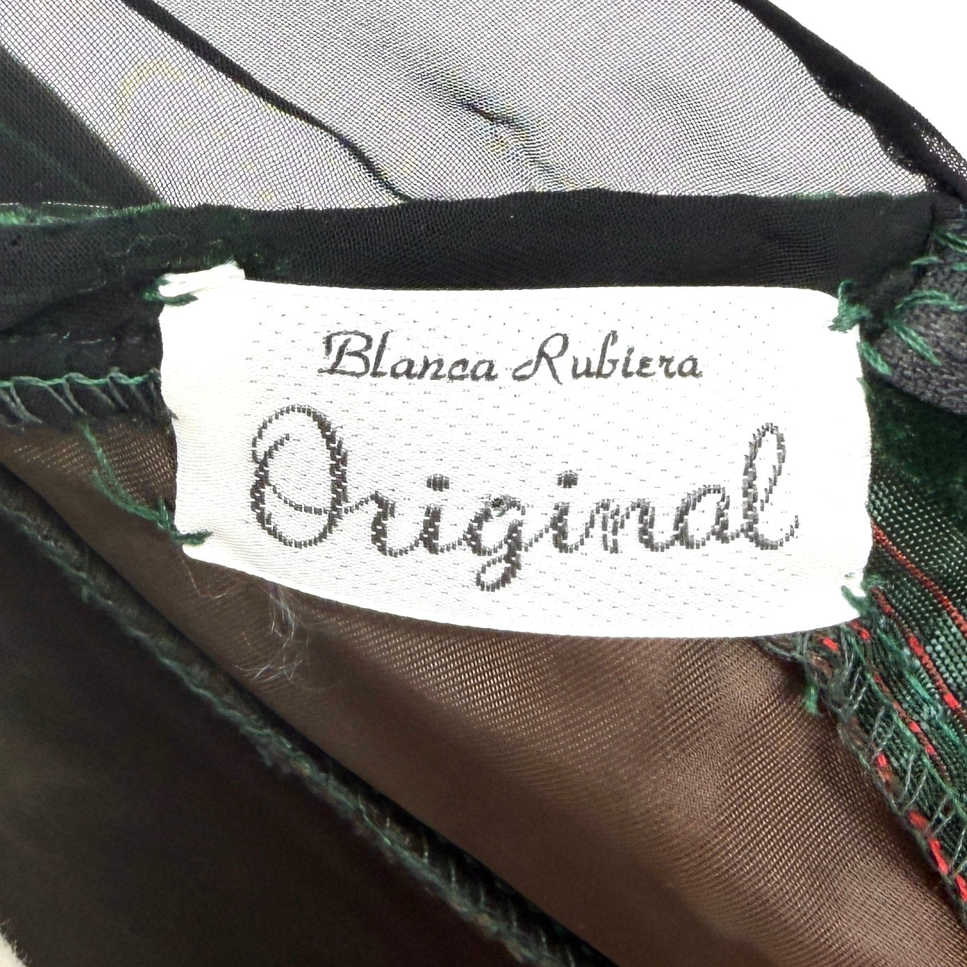 Vintage 80s Blanca Rubiera Original Green Velvet Sheer Mesh Formal Dress