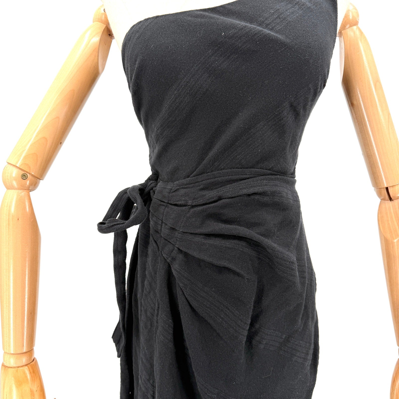 NEW Free People Black 100% Cotton Asymmetrical One-Shoulder Wrap Midi Dress