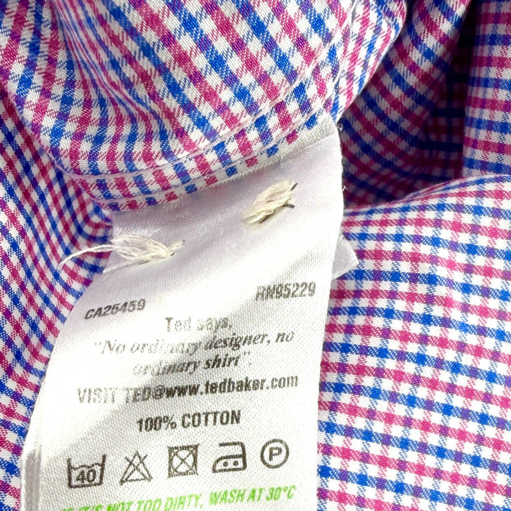 Ted Baker Endurance Pink Blue Check 100% Cotton Floral Trim Dress Shirt