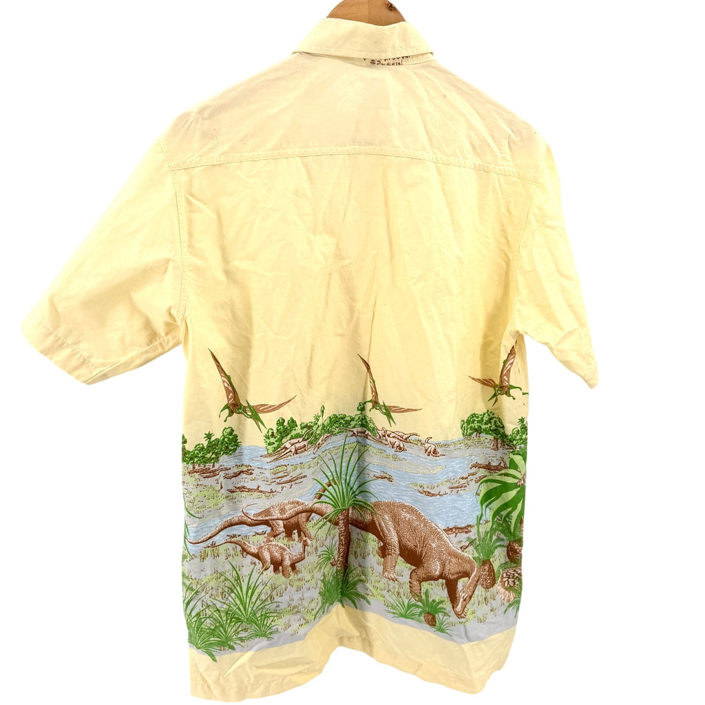Vintage 90s Pastel Yellow 100% Cotton Dinosaur Border Print Short Sleeve Shirt