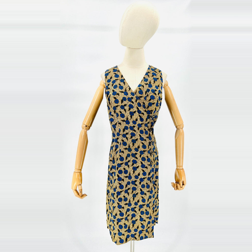 Vintage 90s The Limited Tan Blue Cotton Batik Floral Wrap Button Dress