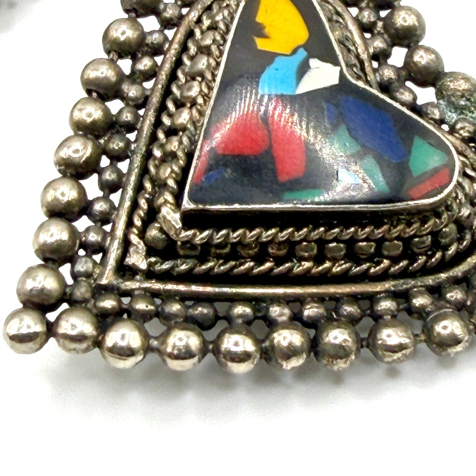 Vintage 80s Black Sterling Silver Multi Color Mosaic Inlay Heart Earrings