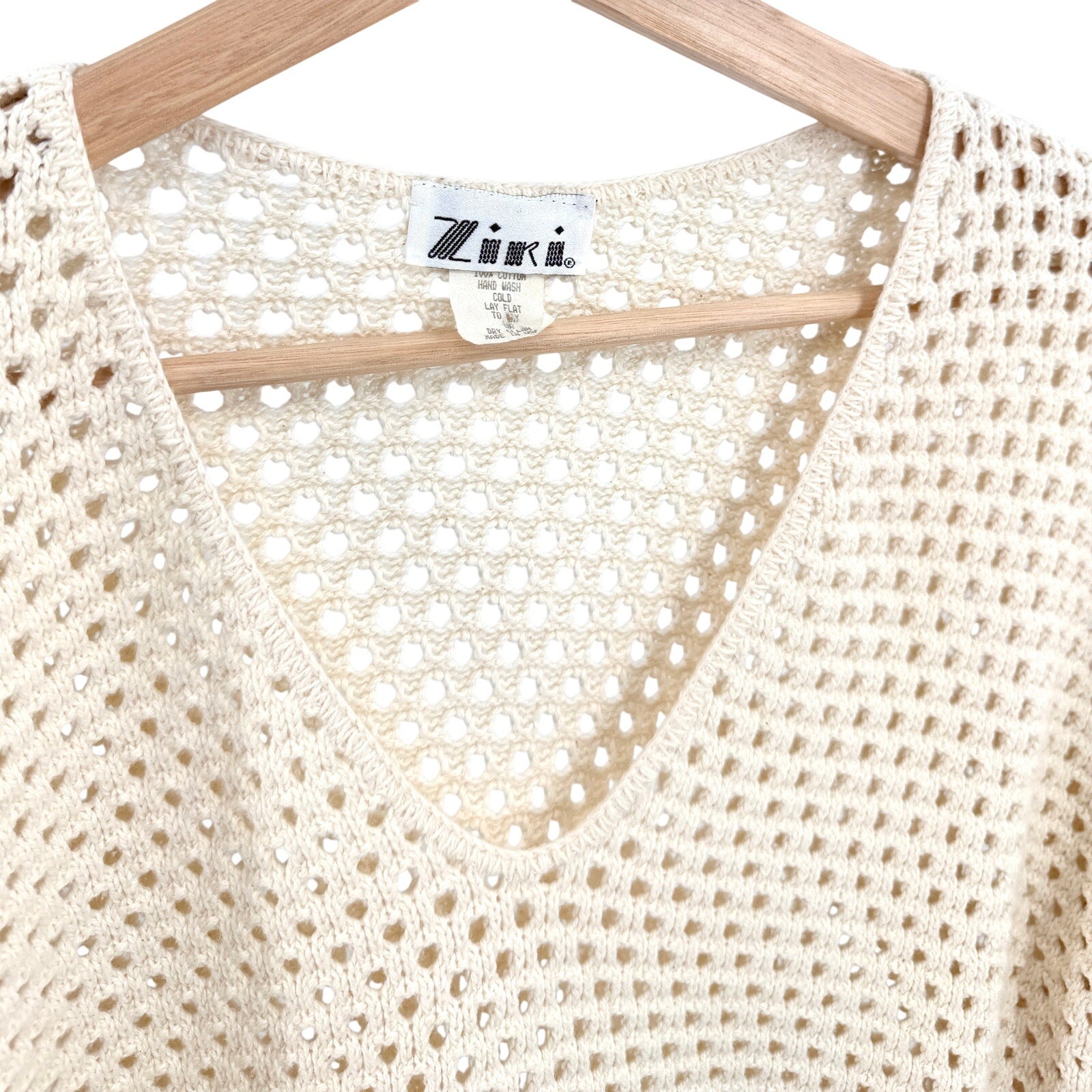 Vintage 90s Ziki Cream 100% Cotton Crochet Knit Boho Tunic Sweater