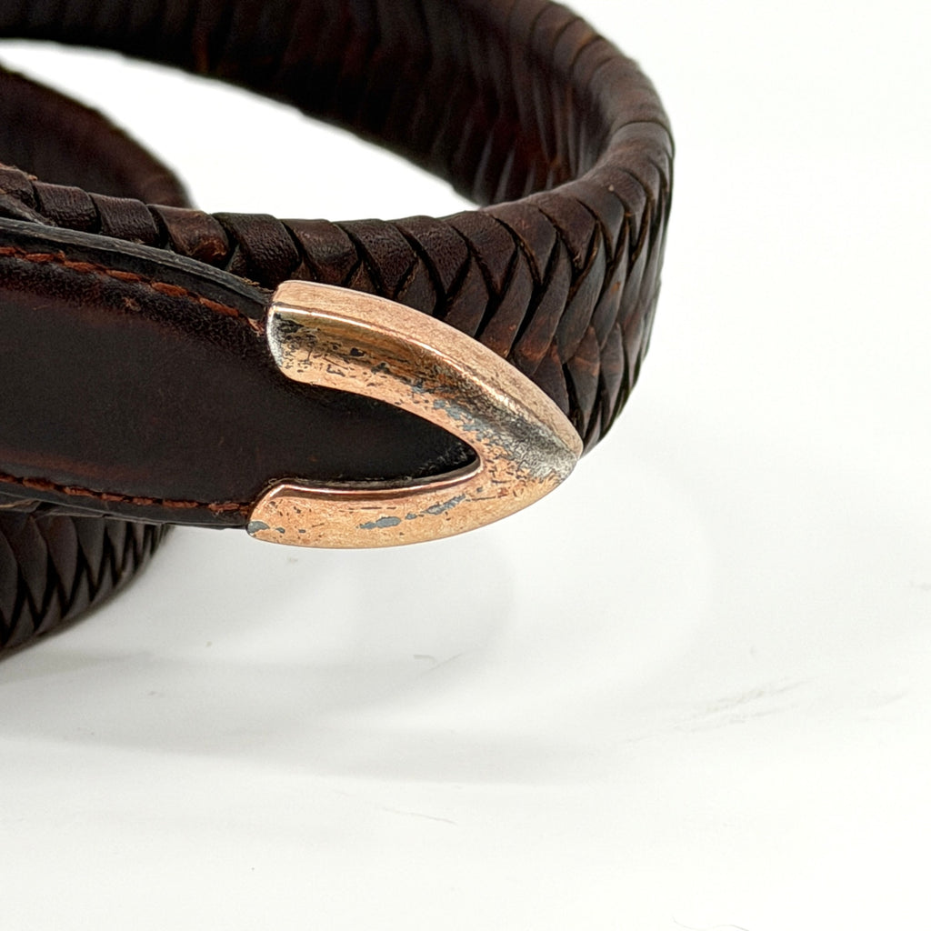 Vintage 90s Brown Genuine Leather Western Woven Silver Tip Belt