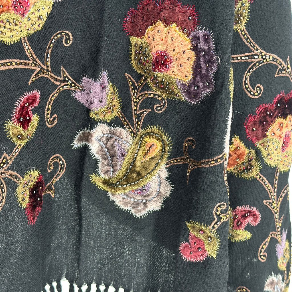 Vintage 90s Malabar Grove Black 100% Wool Velvet Applique Beaded Fringe Shawl