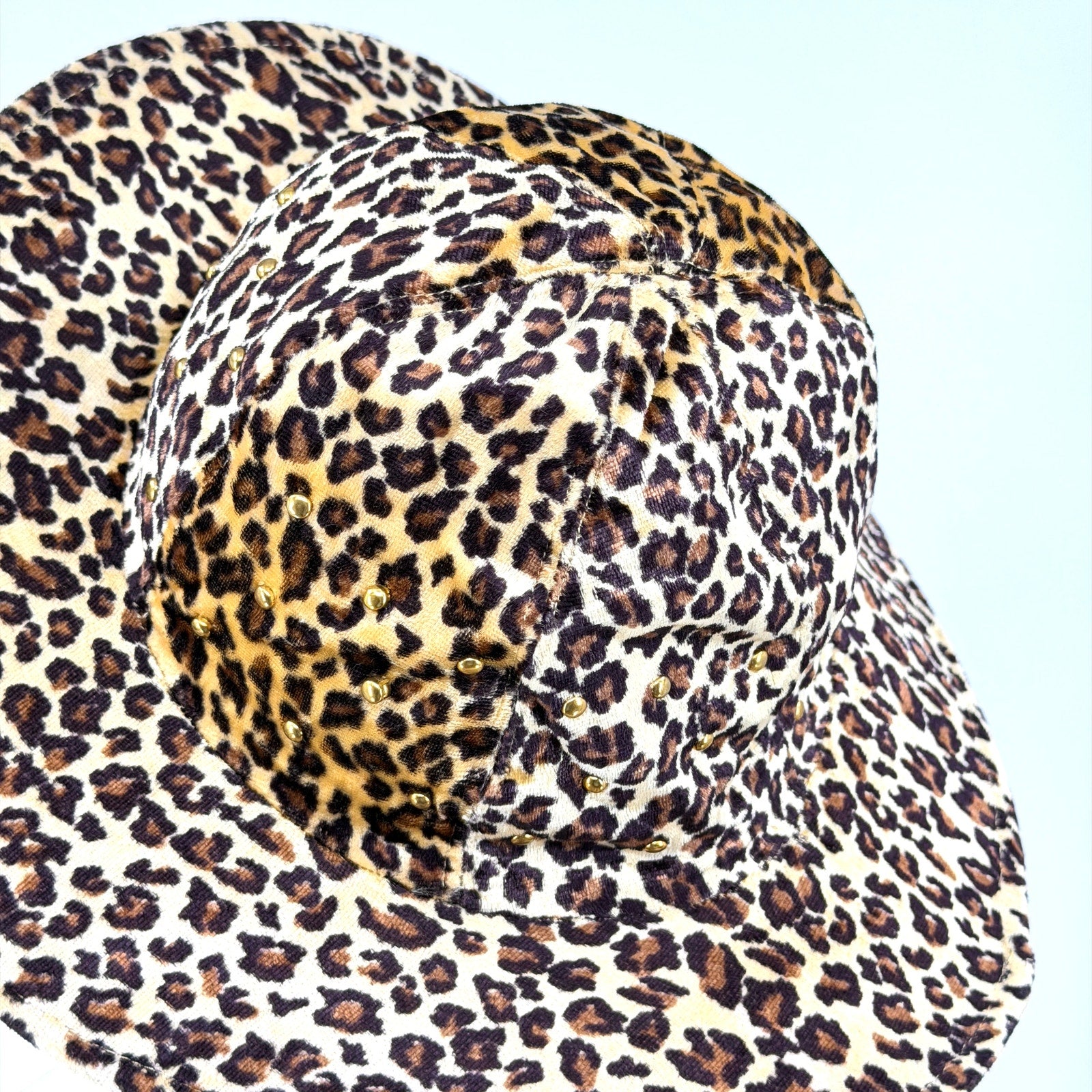 Vintage 90s Leopard Velvet Gold Studded Wire Brim Bucket Hat