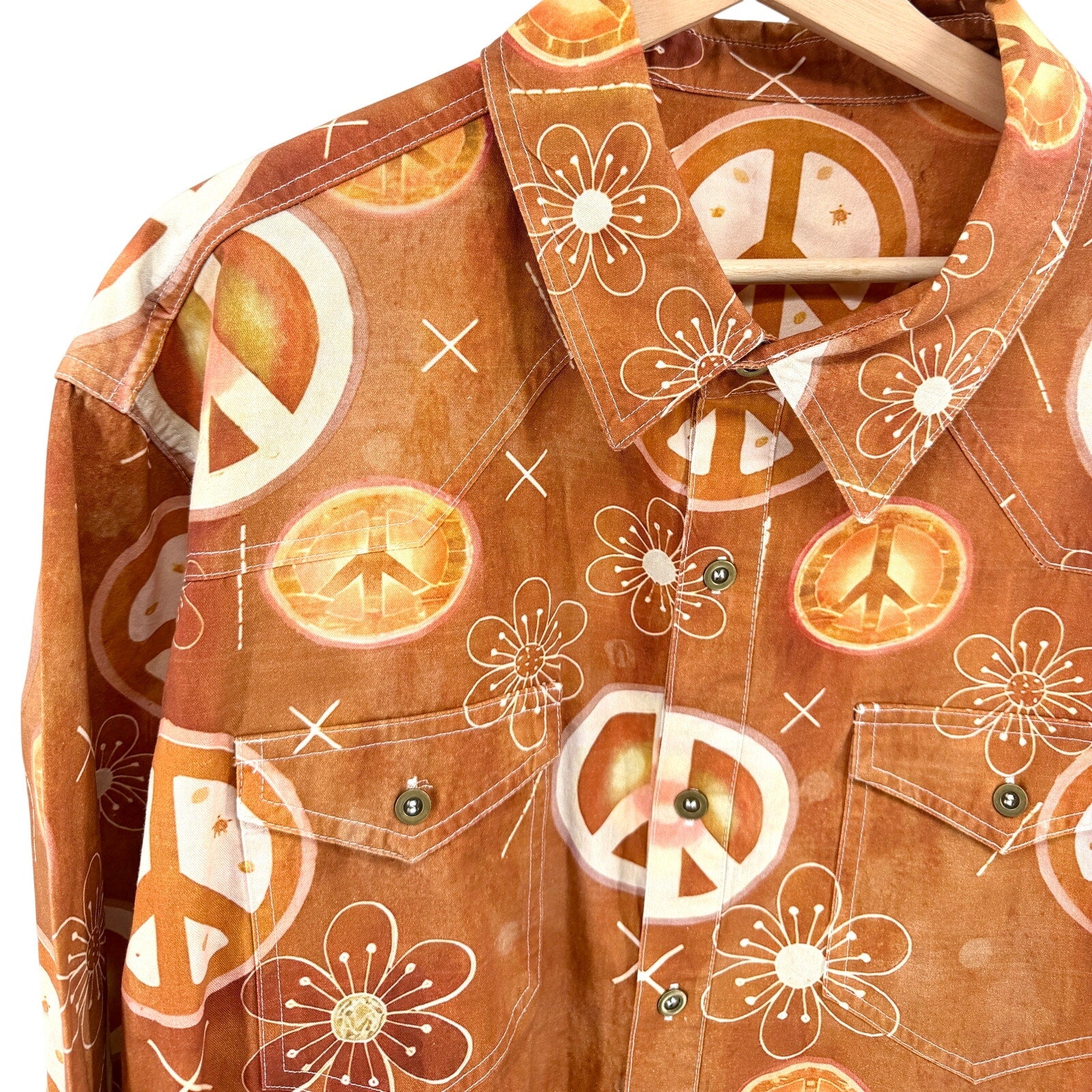 Ocher 100% Cotton Peace Sign Western Button Shirt