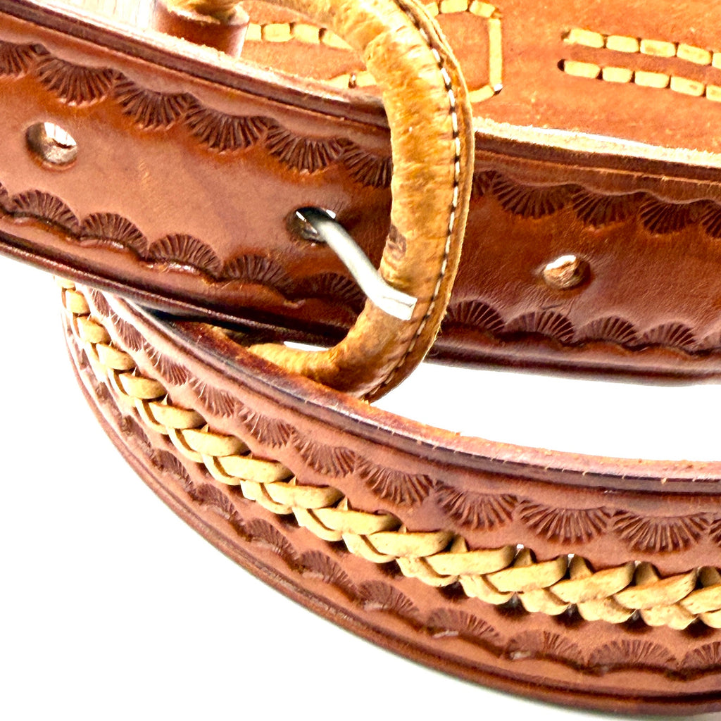 Vintage 70s Western Genuine Leather Artisan Tooled Whipstitch Unisex Waist Belt