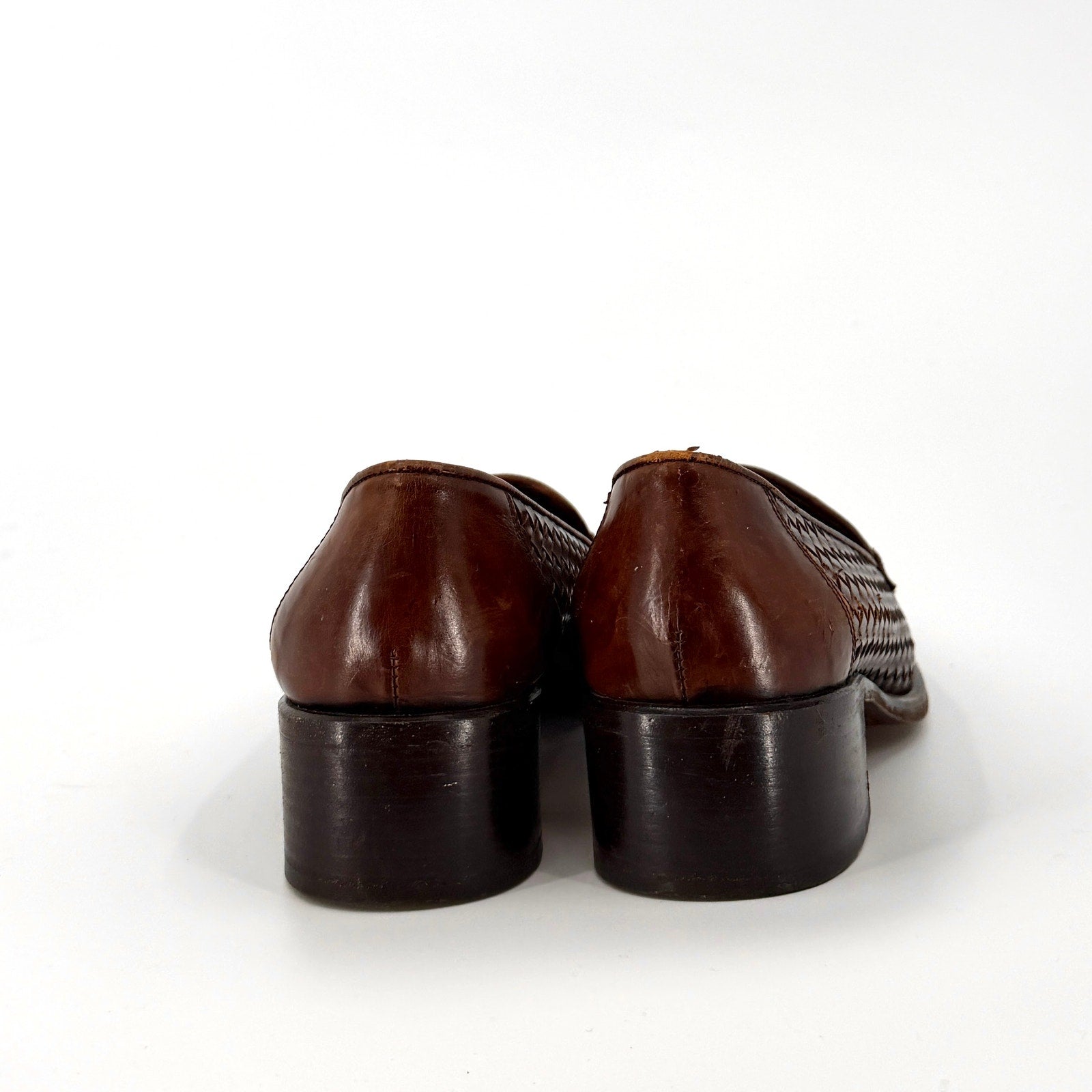 Vintage 90s Cole Haan Brown Woven Genuine Leather Tassel Heeled Loafers