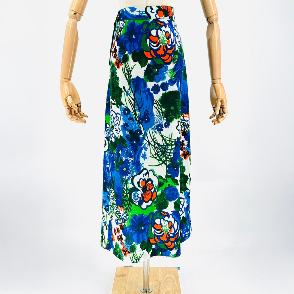 70s Handmade Blue Green Painterly Abstract Floral Maxi Skirt