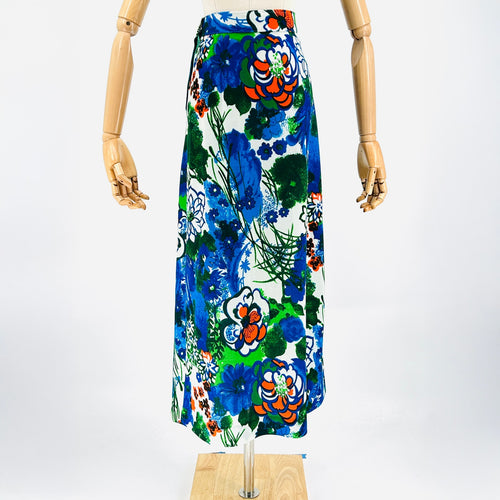 70s Handmade Blue Green Painterly Abstract Floral Maxi Skirt
