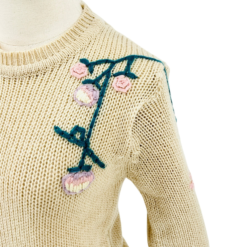 Vintage 80s Beige Teal Pink Floral Embroidered Sweater