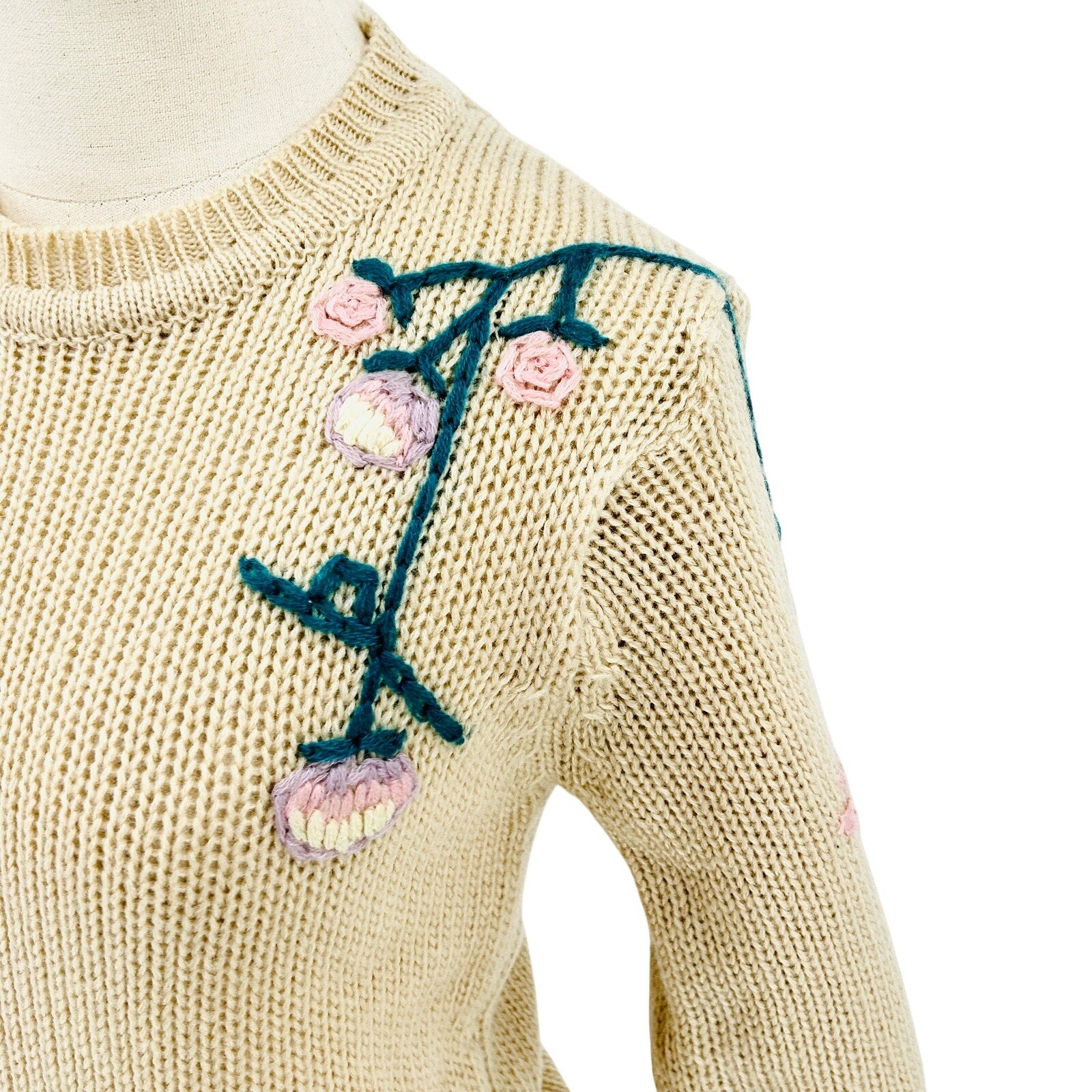 Vintage 80s Beige Teal Pink Floral Embroidered Sweater