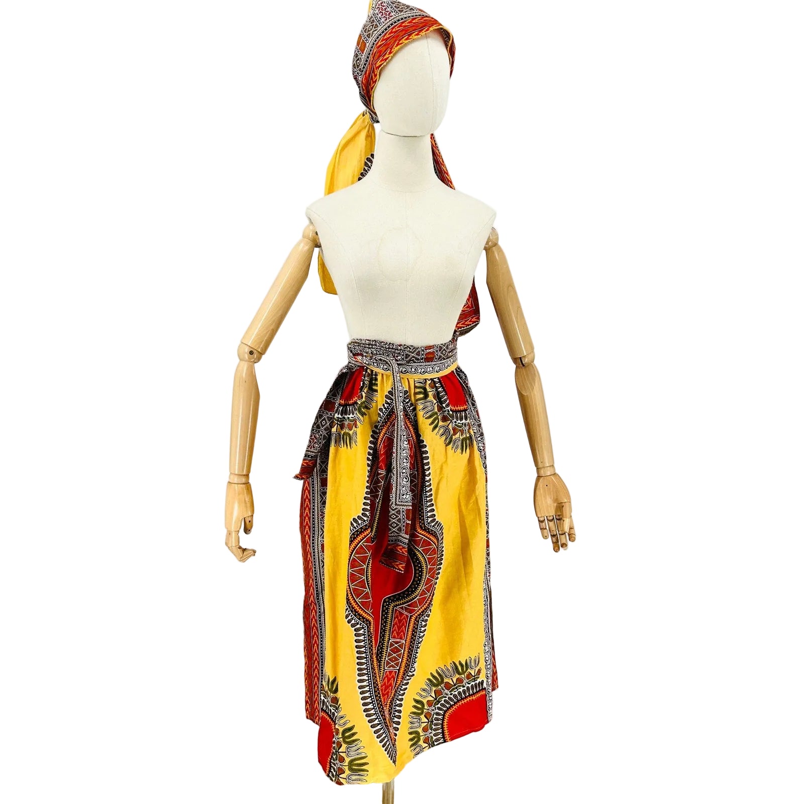 Vintage 90s Rainbow Yellow Red Dashiki Cotton Skirt & Head Scarf Set