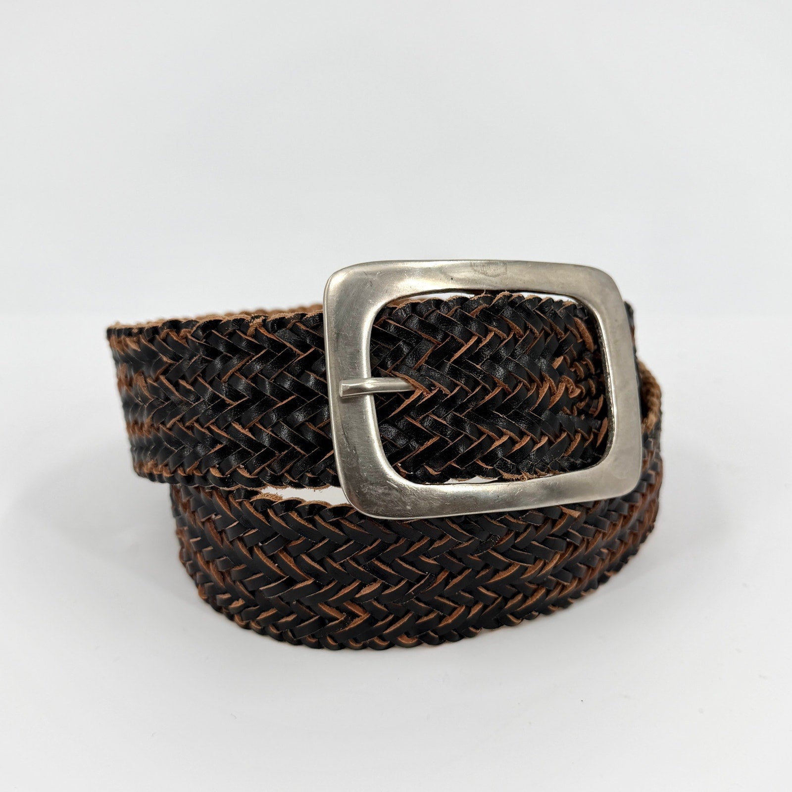 Vintage 90s Black Tan Genuine Leather Boho Western Woven Braided Belt