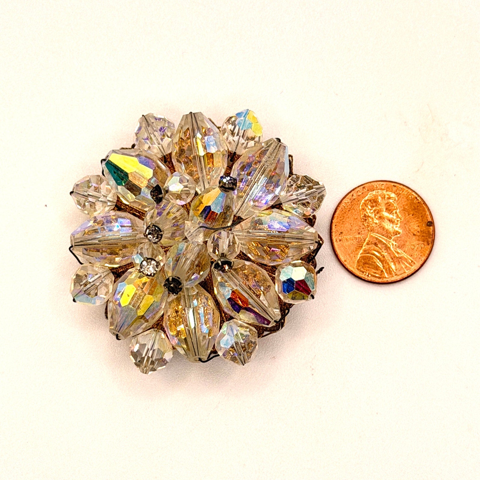 Vintage 50s Clear Aurora Borealis Crystal Glamour Wire Wrapped Cluster Brooch