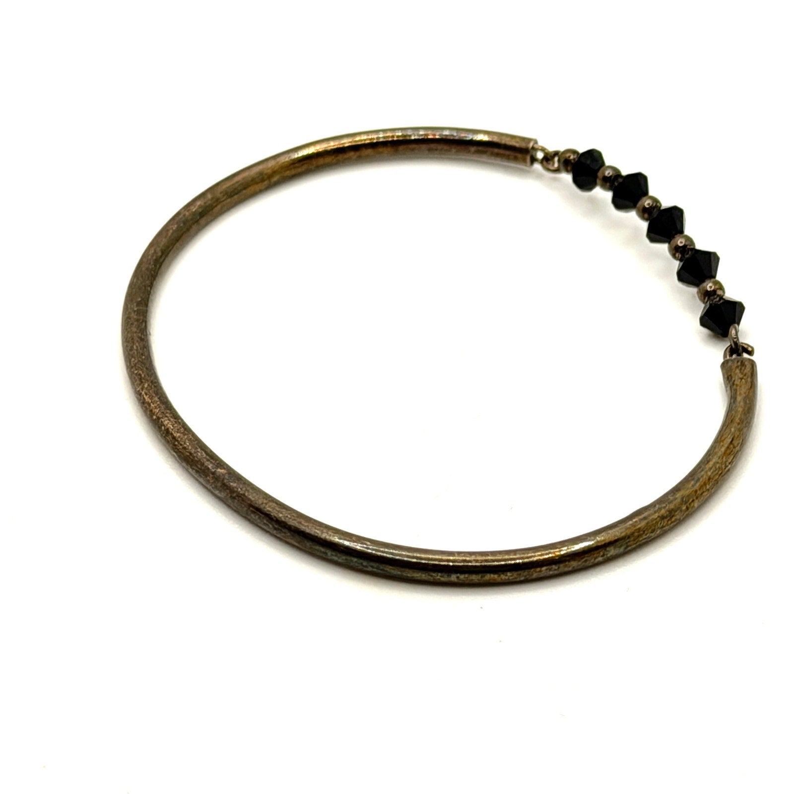 Vintage 90s Sterling Silver Black Onyx Bicone Bead Stamped Bangle Bracelet