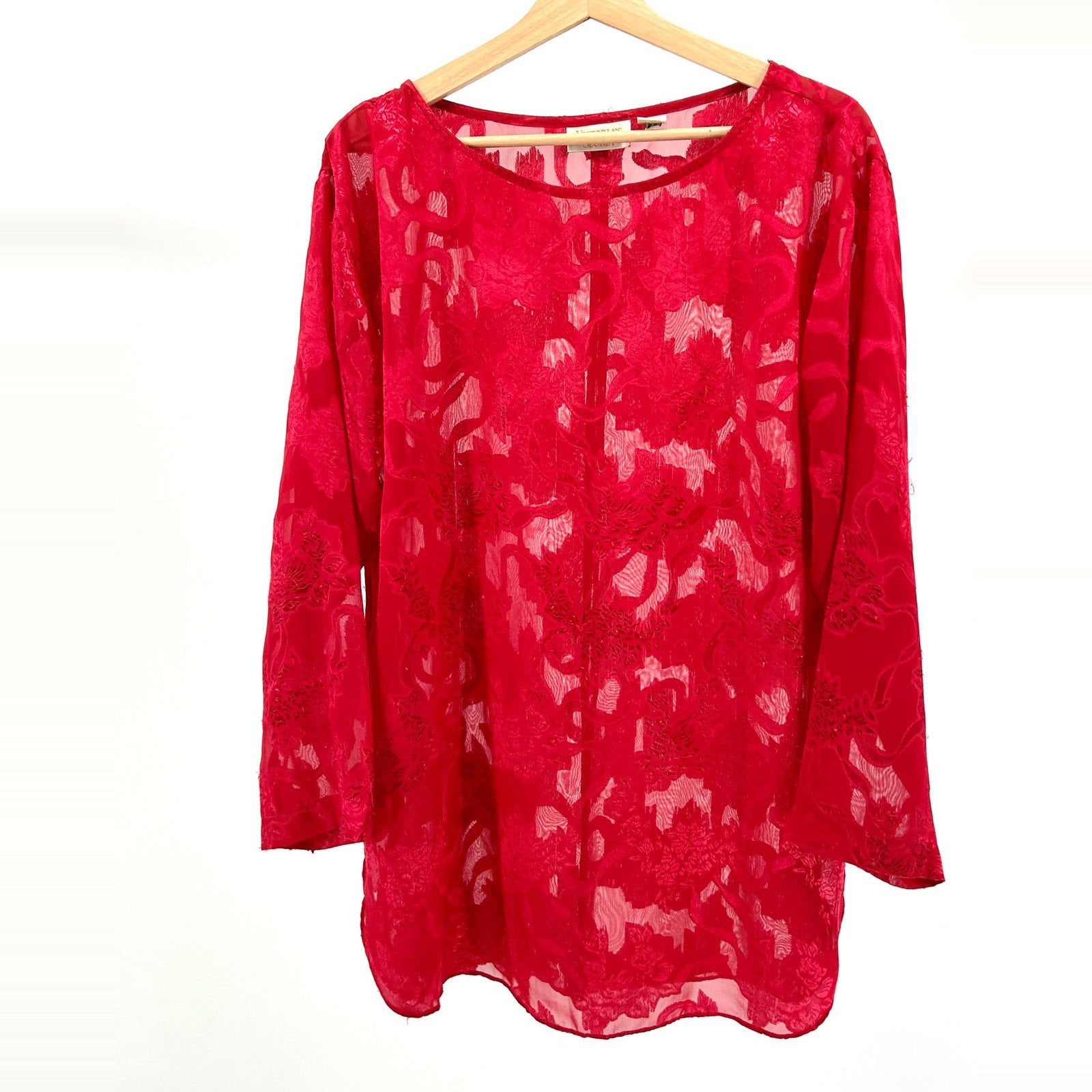 Vintage 90s Victoria’s Secret Red Sheer Lace Long Sleeve Blouse