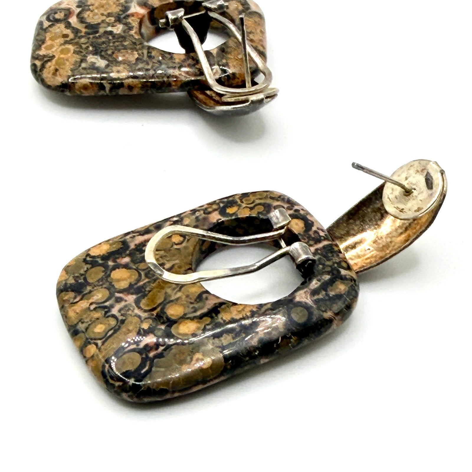 Vintage 90s Sterling Silver Leopard Skin Jasper Cutout Dangle Earrings