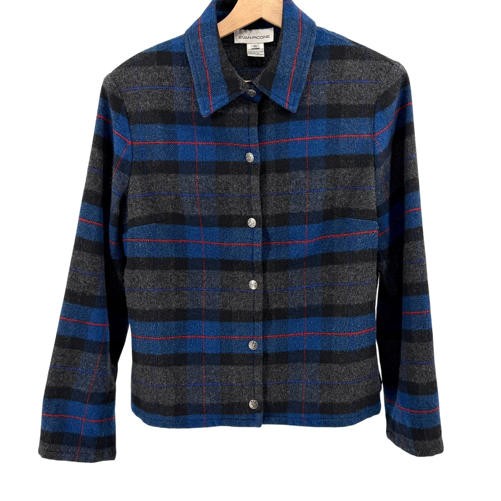 Vintage 90s Evan-Picone Blue Plaid Snap Front Flannel Jacket