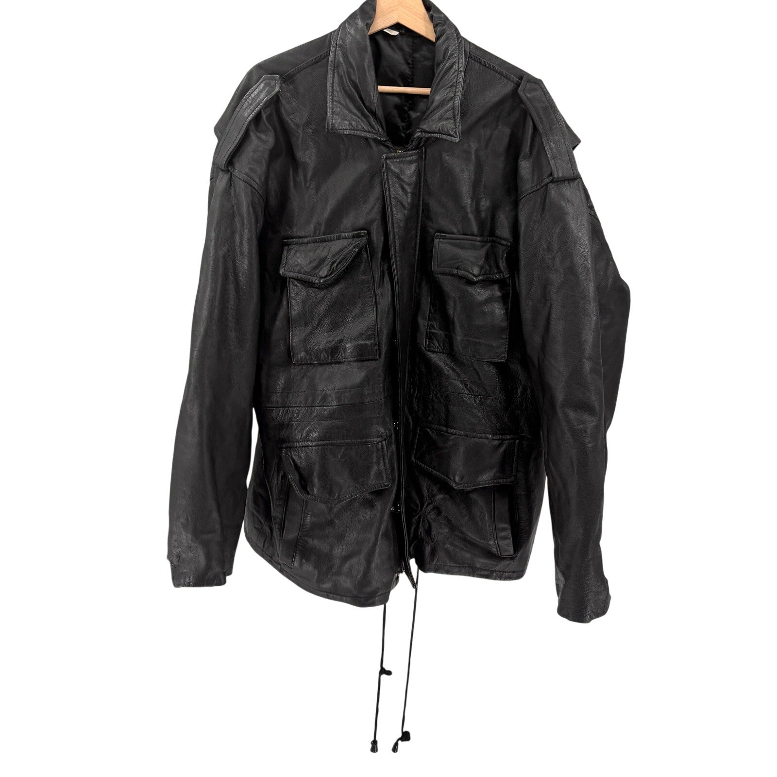 Vintage 90s Black Genuine Leather Utility Field Drawstring Jacket