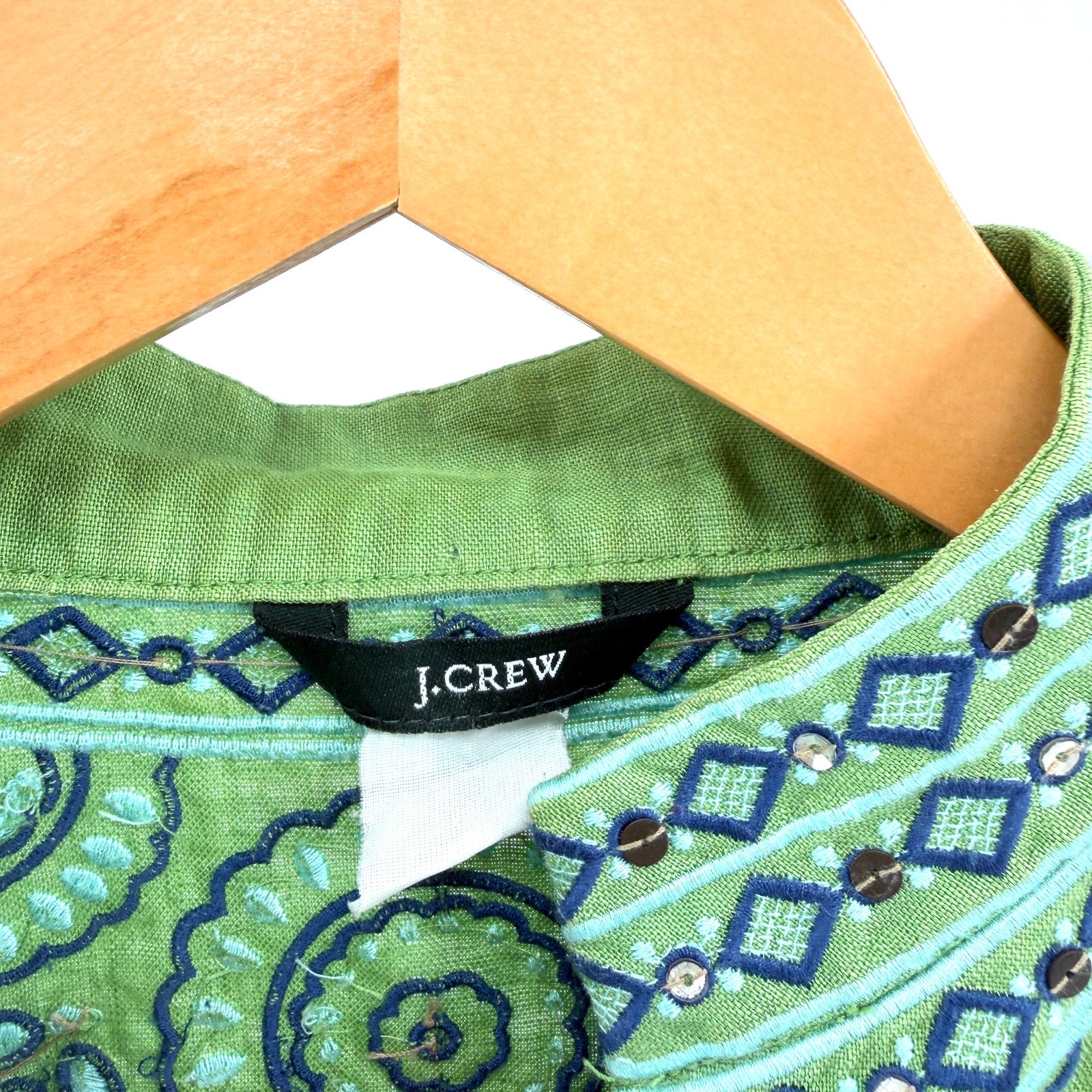 J. Crew Lime Green 100% Linen Embroidered Sequin Long Sleeve Tunic