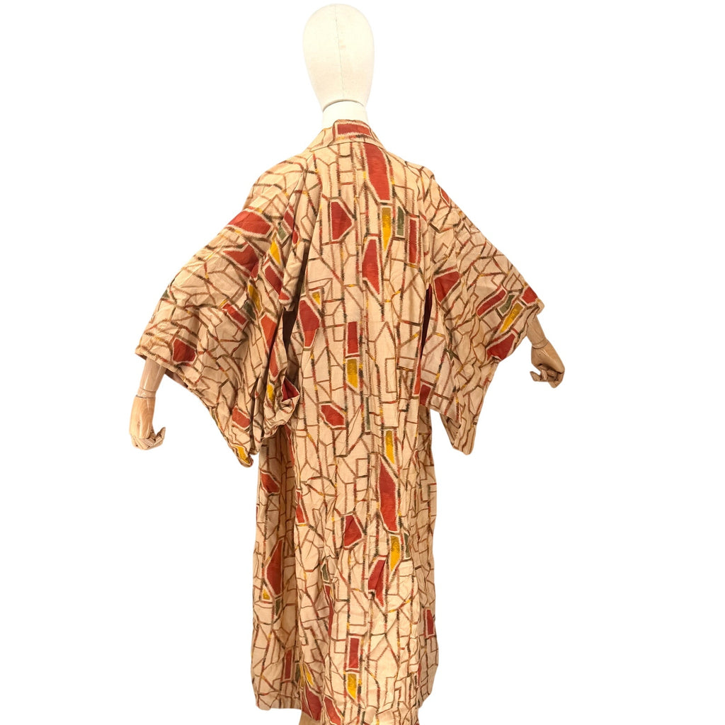 Vintage 60s Showa Era Beige Brick 100% Woven Kasuri Ikat Silk Kimono Robe