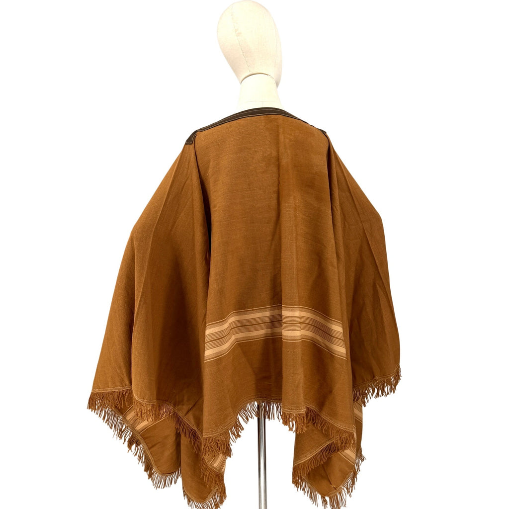 Vintage 70s Brown Striped Fringed Distressed Boat Neck Wrap Poncho