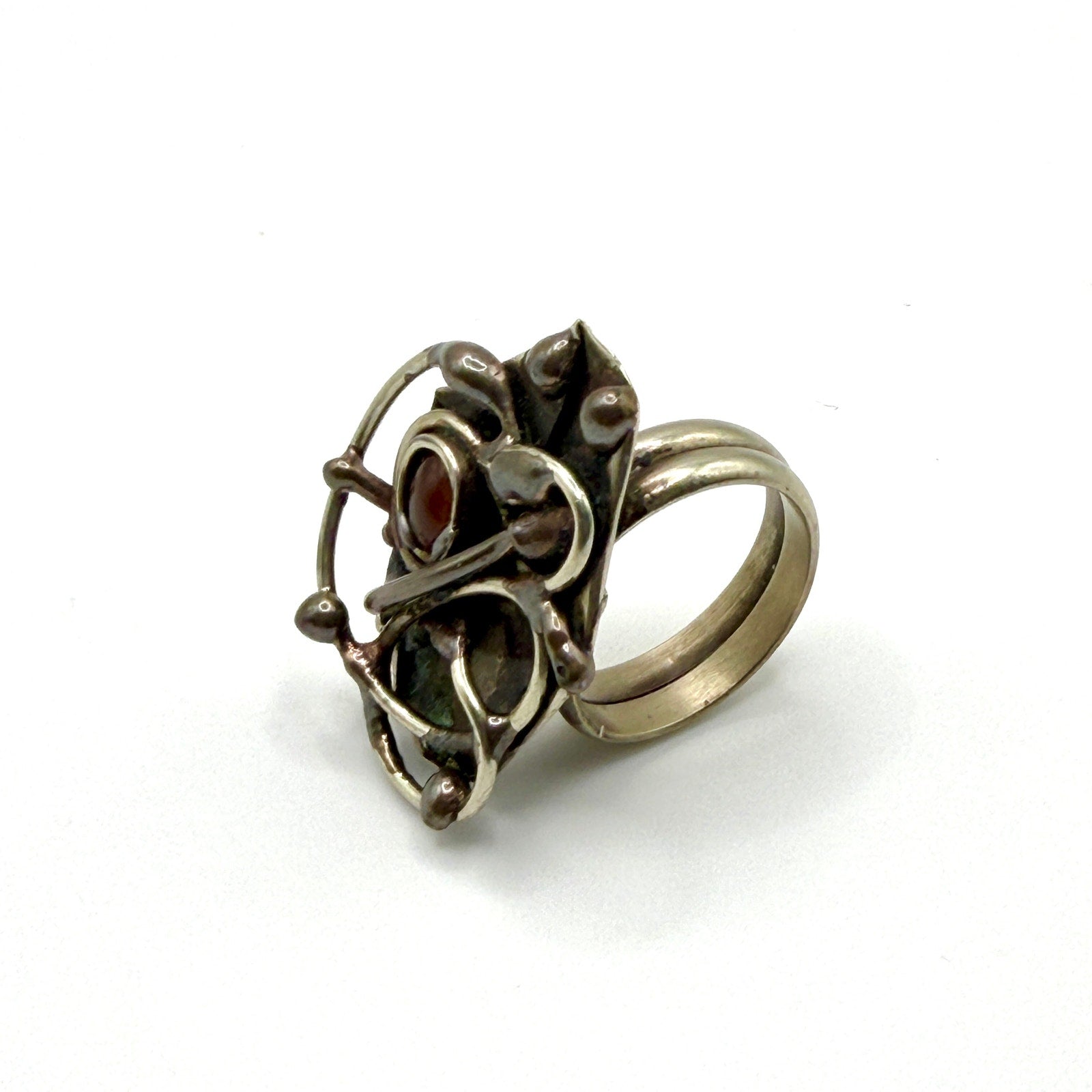 Vintage 90s Handcrafted Carnelian Sterling Silver Brutalist Abstract Ring