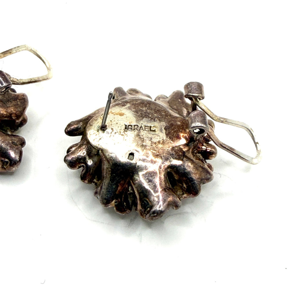 Vintage 80s Stamped Sterling Silver Israel Brutalist Flower Omega Post Earrings