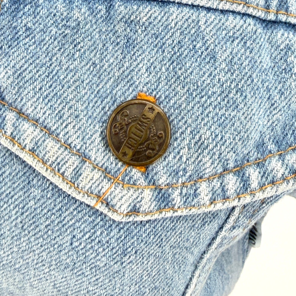Vintage 90s Switch Blue 100% Cotton Cropped Brown Lace Trim Denim Jacket