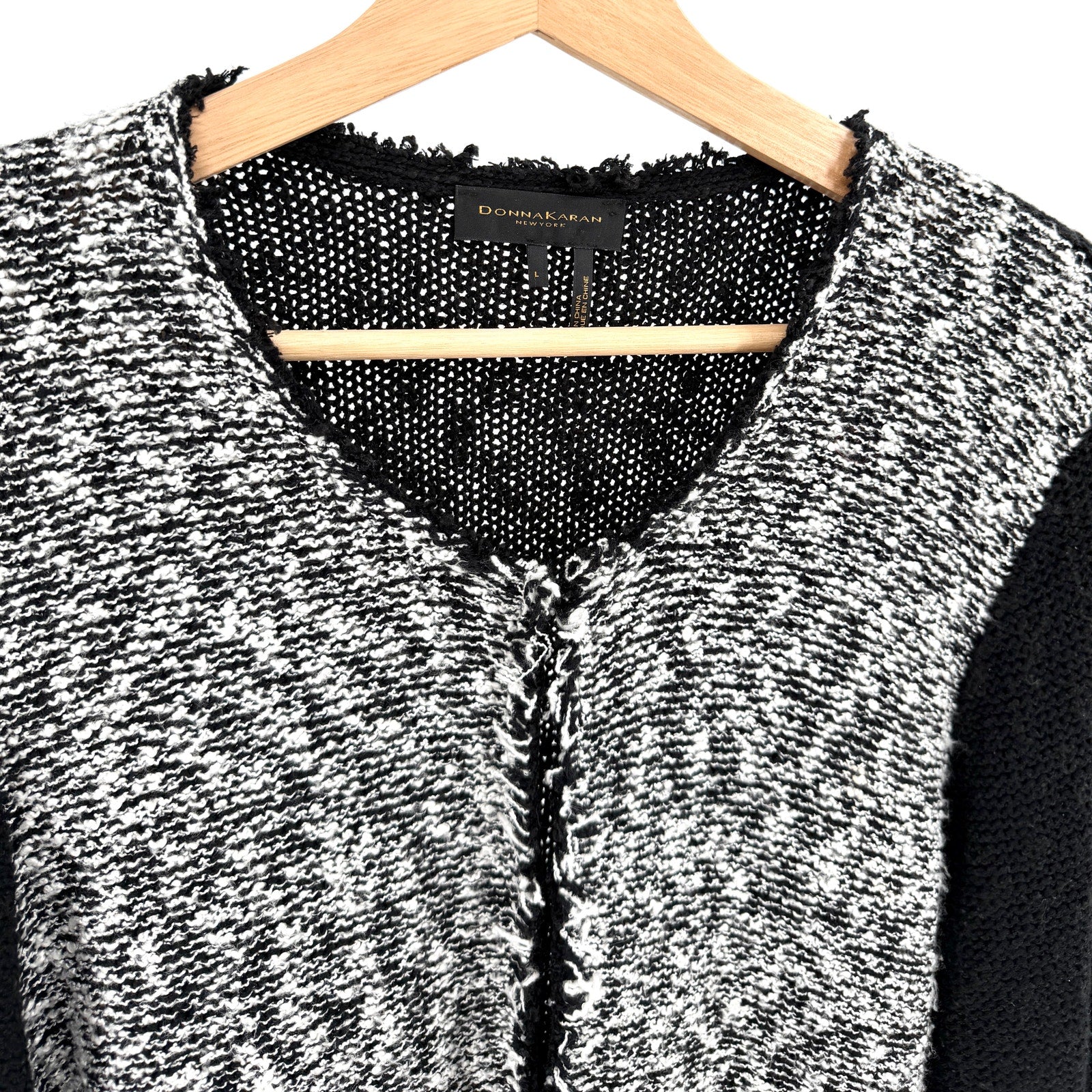 Donna Karan New York Black White Tweed Colorblock Cardigan Sweater