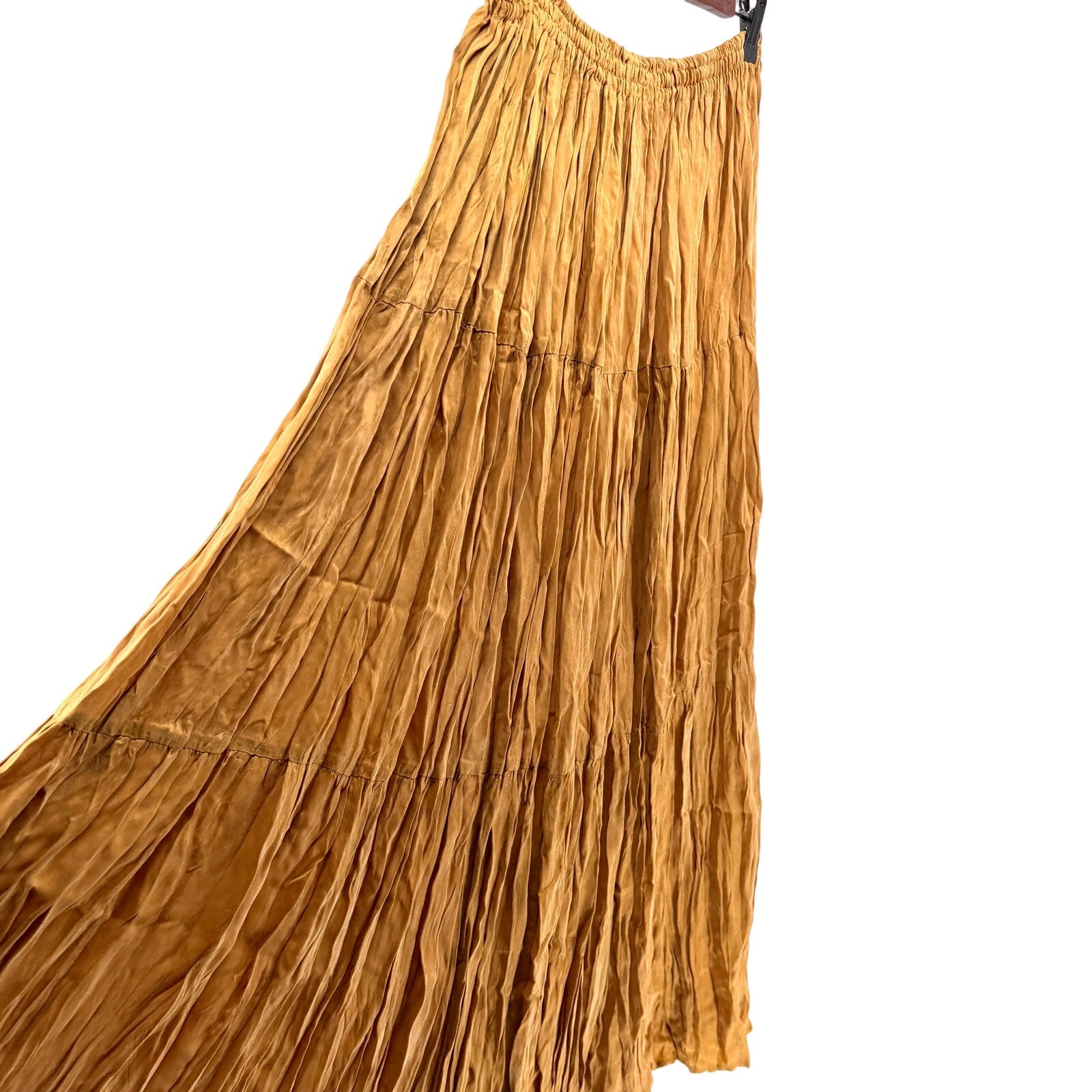 Vintage 90s Mustard Gold Crinkle 100% Rayon Tiered Maxi Peasant Skirt